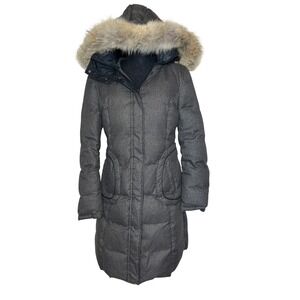Soia & Kyo Herringbone Brown Down Parka Real Coyote Fur Trim L